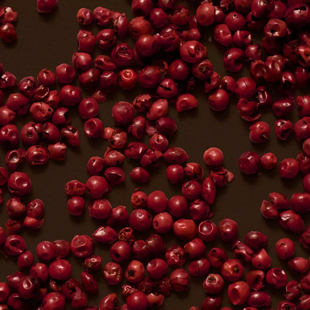 Close-up of red berries scattered across a dark brown surface.